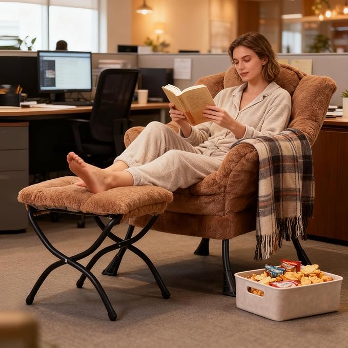 Welnow Lazy Chair with Ottoman, Modern Lounge Accent Chair with Armrests and a Side Pocket, Leisure Sofa Armchair, Reading Armchair with Footrest for Small Space, Plush Brown