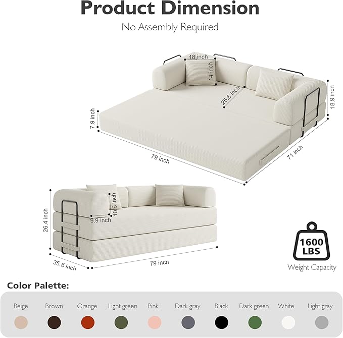 79 Inch 5-in-1 Convertible Sofa Bed, Corduroy Boneless Floor Couch with Fixed Frame & Pillow, Modular Folding Mattress Lounger for Small Space, Living Room, Bedroom - Easy Assembly(White)