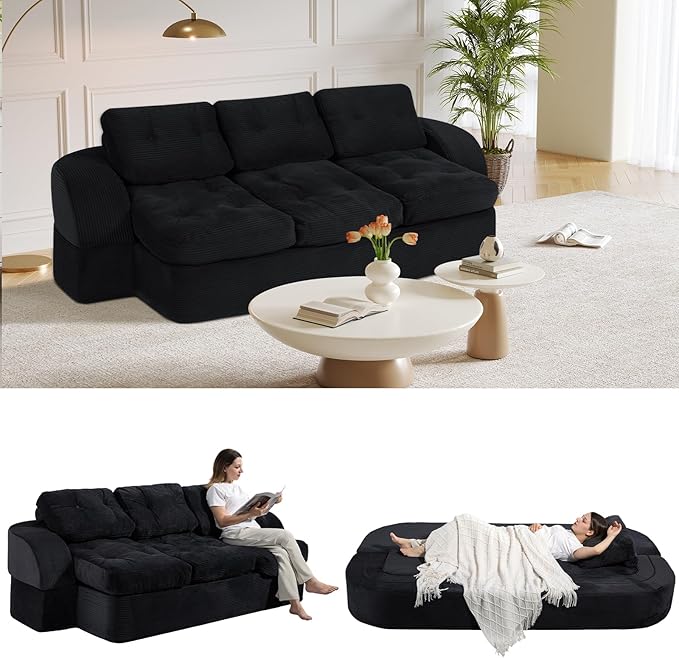 MeMoreCool Cloud Floor Sofa – 3-Seater Convertible Couch Bed, Tufted Corduroy, Black No Assembly | Modular Cushion Design | Compressed in a Box | Comfy for Living Room or Bedroom