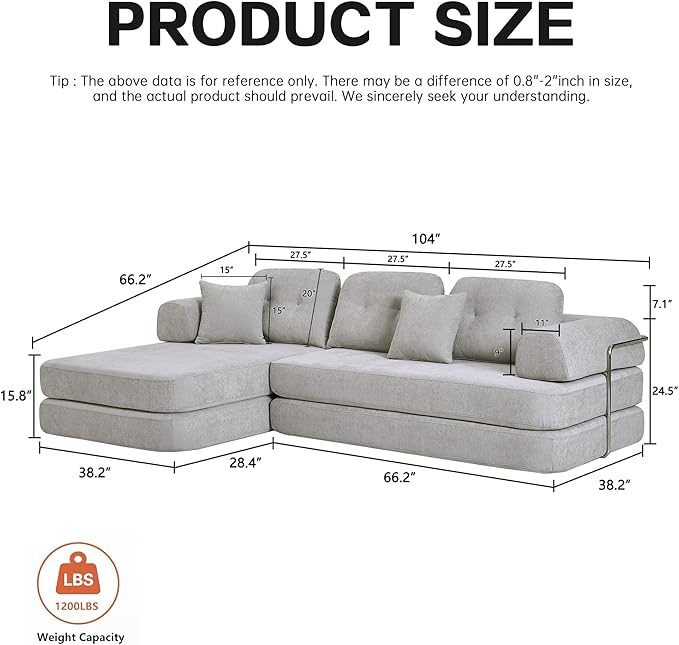 KEIKI 104" Modern Sectional Modular Sofa Bed with Chaise,Enhanced Frame Stability,Compressed Memory Foam Couch for Living Room Bedroom
