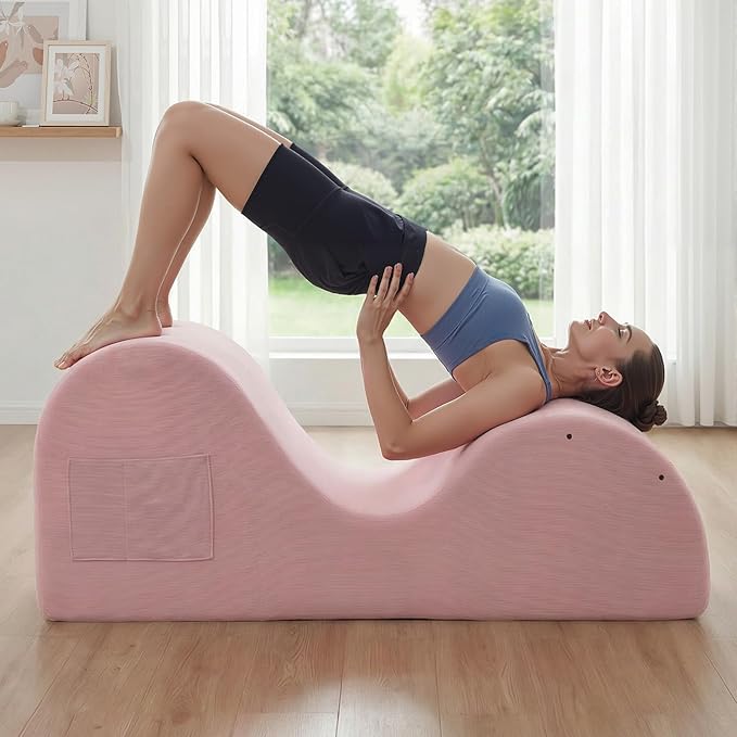Yoga Chaise Lounge Chair, S-Shaped Floor Sofa with Moveable Headrest, Lumbar Pillow, Support Cushion, Footrest, Non-Slip Base, No-Assembly Lounger for Stretching, Meditation & Relaxation (Pink)