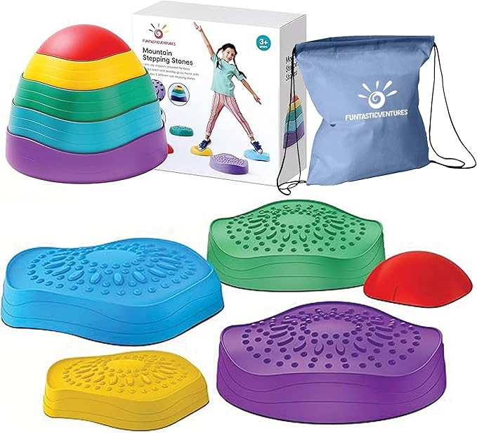 FUNTASTICVENTURES Kids Stepping Stones – 5-Piece Balance and Coordination Obstacle Course Set with Non-Slip Silicone Bottoms for Indoor and Outdoor Active Play