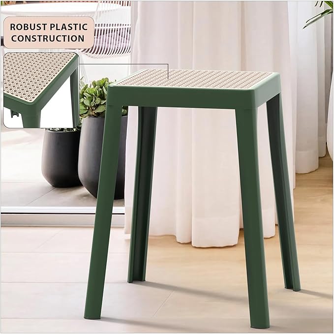 LeisureMod Tresse Mid-Century Modern Square Plastic Dining Stool Set of 2, Stackable Accent Stools with Breathable Seat, Lightweight Seating for Kitchen, Dining Room, Bedroom, or Entryway (Grey)