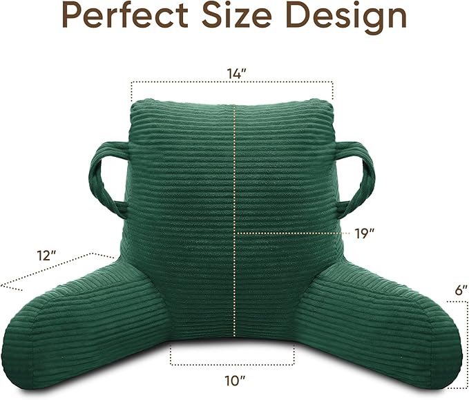 ABROLOY Reading Pillow for Sitting in Bed Adult, Bed Reading Pillow with Shredded Memory Foam, Back Pillow for Sitting with Arms and Pockets, Green