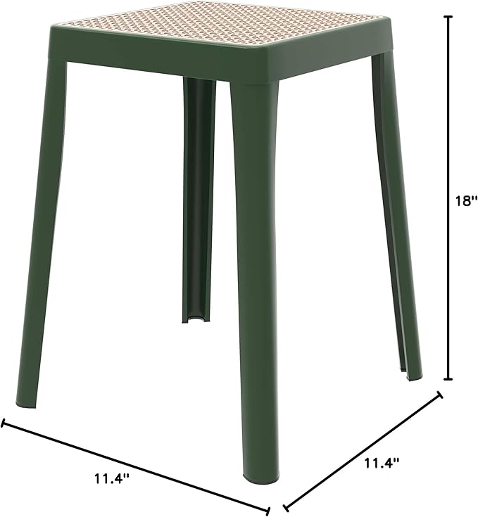 LeisureMod Stackable Square Plastic Dining Stool - Mid-Century Modern Backless Accent Stool with Wicker Top for Kitchen & Dining Room, Green