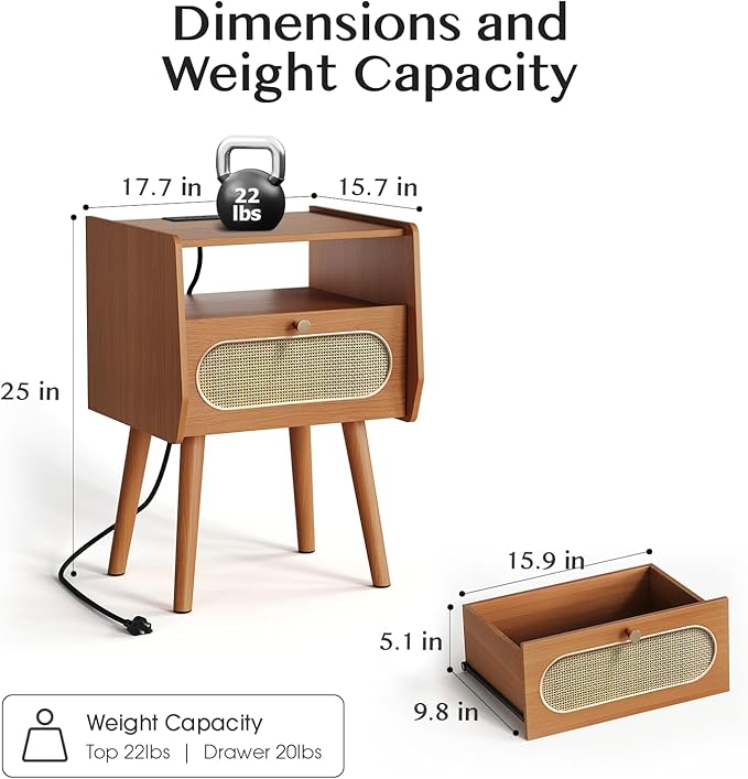 Night Stand Set 2, Mid Century Modern Nightstands Drawer, Rattan Bedside Table with Charging Station, Boho End Table with Storage, Wood Bed Side Tables for Bedroom, Small Space, Cherry