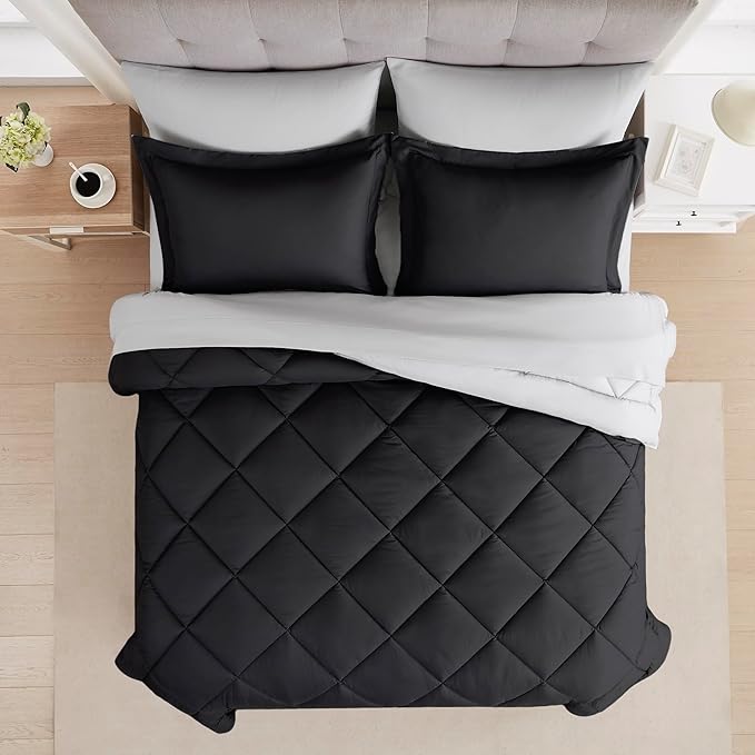 Modern Threads 7-Piece Reversible Comforter Set - Bedding Ensemble with Comforter, Sheets, Pillowcases, and Shams, Black Queen