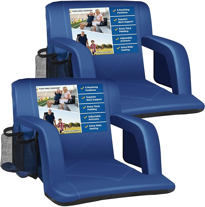 Sheenive Stadium Seat with Back Support Padded Bleacher Chairs with Back and Cushion, Portable Folding Bleacher Seat with Armrest, 6 Reclining Positions, Large Stadium Seat with Cup Holders & Pockets