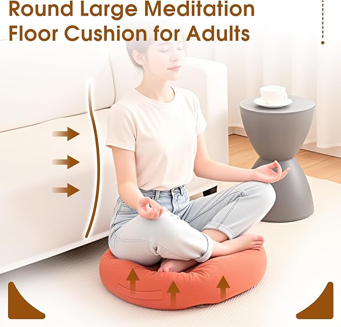 Floor Pillows for Adults, Meditation Cushions, Large Round Sitting Cushion Living Room Memory Foam Pillow for Sitting (1, Orange, 22x22x6 Inch)