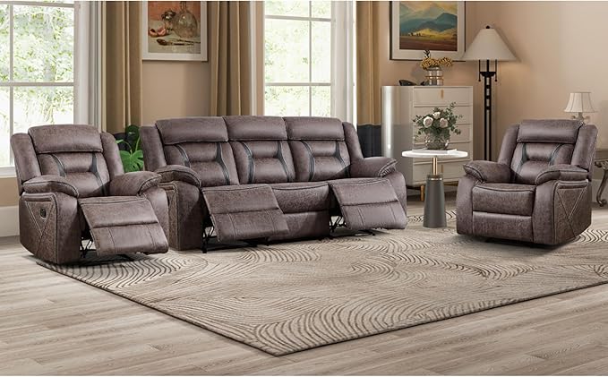 EBELLO Faux Leather Recliner Sofa Furniture Set for Living Room, 2 Recliner Chairs, 3 Seat Reclining Sofa Couch Set for Meeting Room, Grey