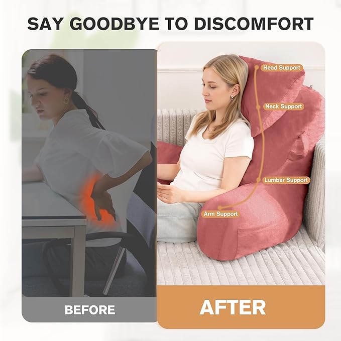 Unisakey Portable Reading Pillows with Headrest for Bed Sitting Up(Dark Pink Oeko-Tex), Velvet Back Pillow with Arms & Pockets for Adults, Support Memory Foam Bed Pillow for Dorm/Watching/Gaming