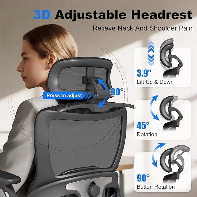 ZZH Ergonomic Office Chair with Footrest, High Back Home Desk Chair with Adjustable Lumbar Support, Headrest, Flip-Up Arms, 90-135° Tilt Lock, Big and Tall Mesh Computer Seating with Wheels