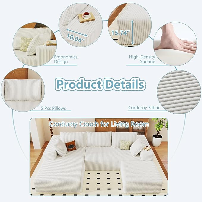 96" W Cloud Sectional Couch with Ottoman,Modern U-Shaped Cloud Couch with Deep Seat,Comfy Corduroy 3-Seater Sofa,Memory Foam Sofa for Living Room,No Assembly (White,Left-Facing Chaise)