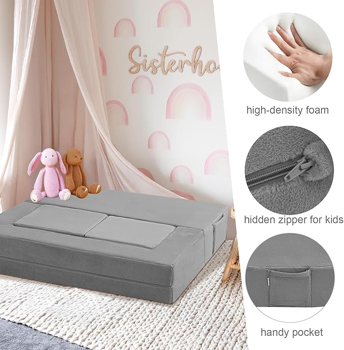 MeMoreCool Kids Play Couch Sofa – Grey Modular Convertible Foam Couch Soft Fold-Out Toddler Seating for Creative Play, Reading, Resting & Playroom Fun