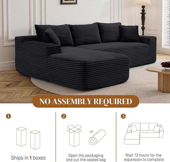 95" Boneless Cloud Sectional Couches for Living Room, Comfy Fluffy L Shaped Memory Foam Deep Seat Boneless Couch, Modular Sectional Sofa with Left Facing Chaise, Black