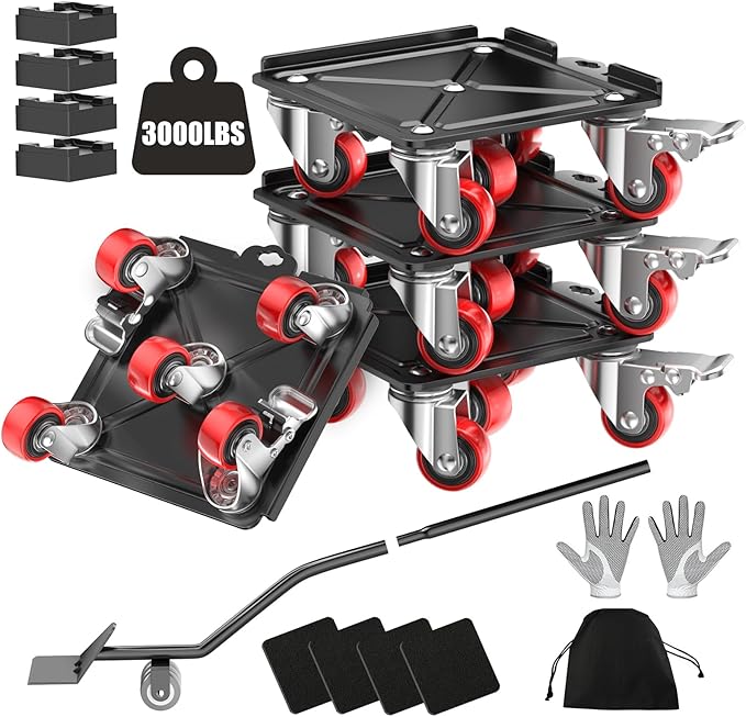 LOYAL TIGER Heavy Duty 3000LBS Furniture Dolly & Movers with 5 Wheels & Brake - 360° Rotating Moving Dolly for Furniture, Piano, Appliances - 6.4 Inch Non-Slip Sliders, Red