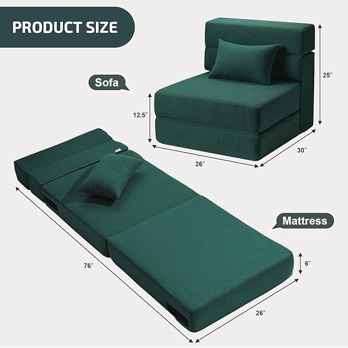 Folding Sofa Bed with Pillow- Convertible Chair Floor Couch & Sleeping Mattress, Foldable Memory Foam Sleeper for Living Room/Dorm/Guest Room/Home Office/Apartment/Loft, Single26, Dark Green