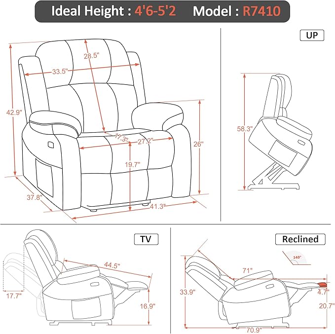 MCombo Small-Wide Power Lift Recliner Chair with Massage and Heat for Petite Elderly People, 3 Positions, 2 Side Pockets, USB Ports, Faux Leather R7410 (Dark Brown, Small-Wide)