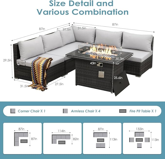RADIATA 6 Piece Wicker Patio Furniture Set with Fire Pit, All-Weather Outdoor Sectional Couch High Back Large Size, Modular Backyard Seating Sofa Set with Propane/Natural Gas Firepit Table, Light Grey