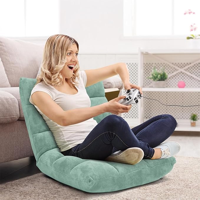 KOMFOTT 14-Position Adjustable Floor Chair with Back Support, Folding Padded Gaming Sofa for Reading, Meditation, Living Room Lazy Lounge, Video Gaming, Green