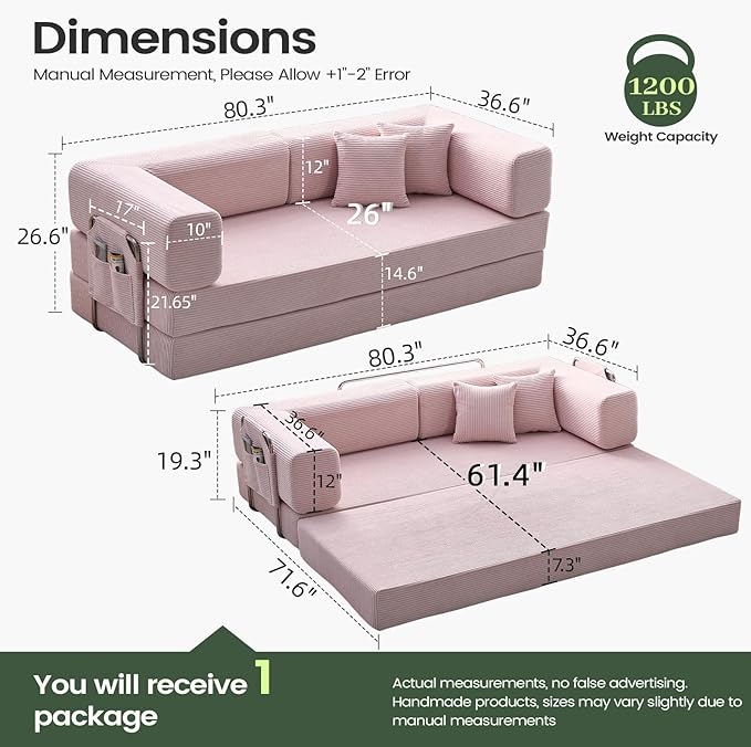 Multi-functionalcorduroy Sofa Bed, Crafted from Corduroy Fabric, is Ideal for Apartments and Living Rooms. Sleeper Sofa Couch Folding futon or Foldable Floor Convertible Floor Studio | Multi-functional