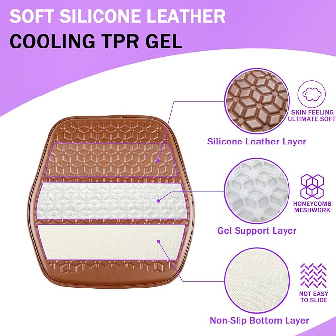 Binsheo Thin Gel Seat Cushion for Car Seat, Office Chair, Wheelchair, Golf Cart - Non-Slip Car Seat Cushions with 0.7 Inch Gel - Sciatica & Coccyx Pain Relief (Leather, Brown)