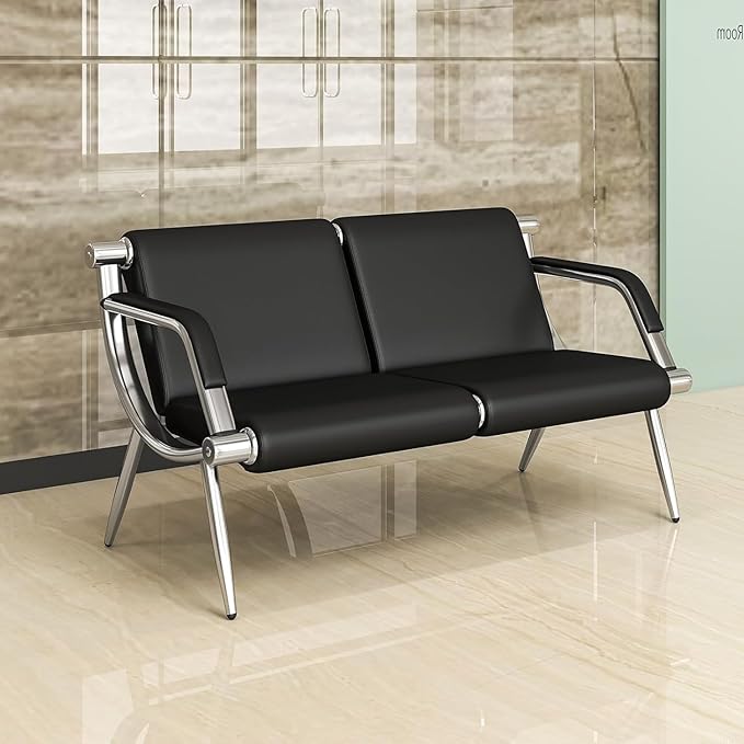 Kinquat Waiting Room Bench with Armrest - Lobby Reception Chairs, PU Leather Office Guest Seating Furniture for Salon Airport Hospital Bank, Black