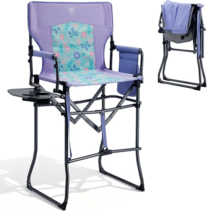 EVER ADVANCED Portable 30.7" Seat Height Tall Folding Chair Directors Chair High Foldable Bar Stool with Side Table for Makeup Artist, Camping, Sports Event, Craft Show, Supports 350LBS Purple