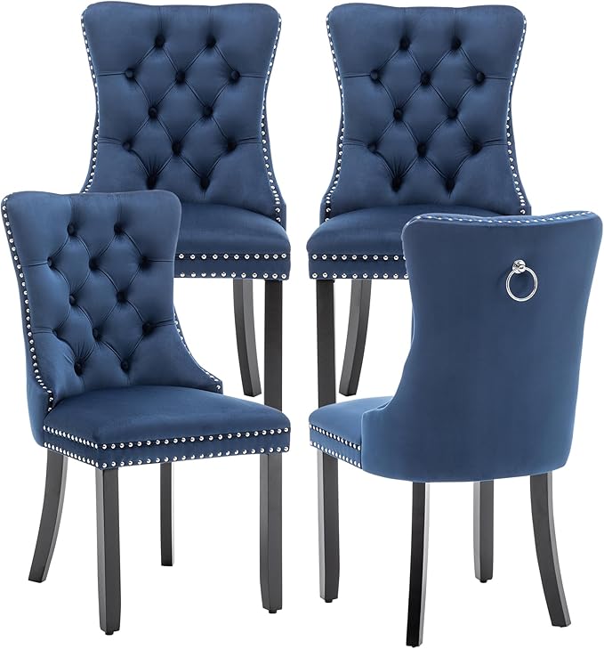 Kiztir Velvet Dining Chairs Set of 4, Upholstered Dining Chair with Nailhead Trim and Solid Wood Legs, Navy Luxury Wingback Dining Side Chair for Living Room, Bedroom, Kitchen (Blue)