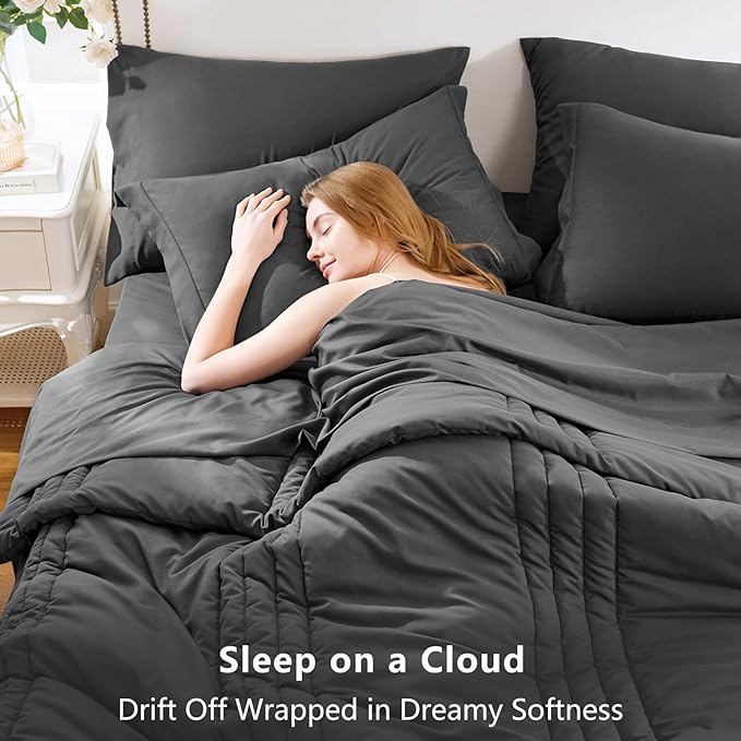CozyLux King Size Comforter Sets - 7 Piece Bed in a Bag Dark Grey Comforter Set with Sheets Bed Set All Seasons, Soft Bedding Set with Down Alternative Comforter, Sheets, Pillowcases & Shams