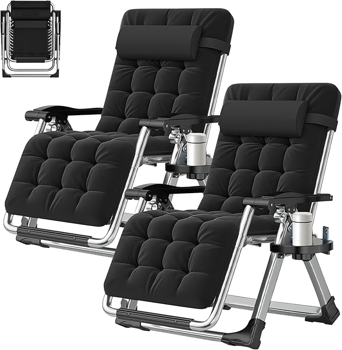 ABORON Zero Gravity Chair Set of 2, Outdoor Lounge Chairs Sun Loungers with Removable Cushion,Headrest,Cup Holder,Reclining Patio Lounger Chair for Indoor and Outdoor