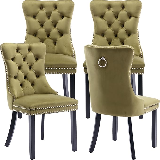 YeahFurn Olive Mid Century Modern Dining Chairs Set of 4, Velvet Upholstered Kitchen & Dining Room Chairs with Nailhead Trim & Solid Wood Legs, Elegant Sillas De Comedor (Olive, 4 Pcs)