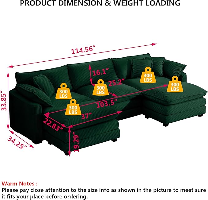 Aoowow Corduroy 3 Seater Couch with Ottomans,Modern Large Cloud Couches for Living Room,U Shaped Modular Sectional Cloud Sofas Deep Seat,Oversized Tufted U Shape Sofa Set (Green, 3 Seater + 2 Ottoman)