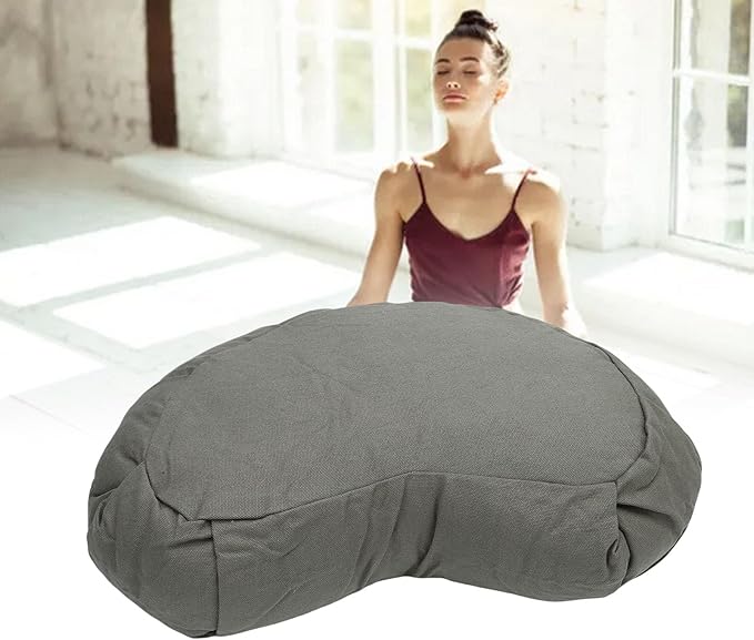 Semme Half Moon Meditation Cushion, Buckwheat Hulls Filled Yoga Pillow with Cotton Cover, for Floor Seating Mat Practice Home Office Outdoor (Gray)