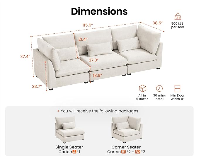 Oversized Modular Sofa, Extra Deep Cloud Chenille Sectional Couch with Ottoman Chaise, Fluffy Chenille 3 Seater Sofa for Living Room, Villa (Basic 3 Seater, Chenille White)