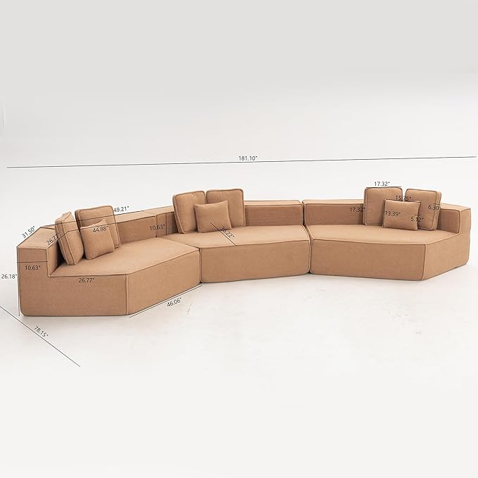 EPOFIT 181" Extra Large Modular Sectional Sofa, 3-Piece Couch with Teddy Fleece, Full-Foam Cushions and 9 Pillows, High-Density Foam Padding, All-Compressed Design – Brown
