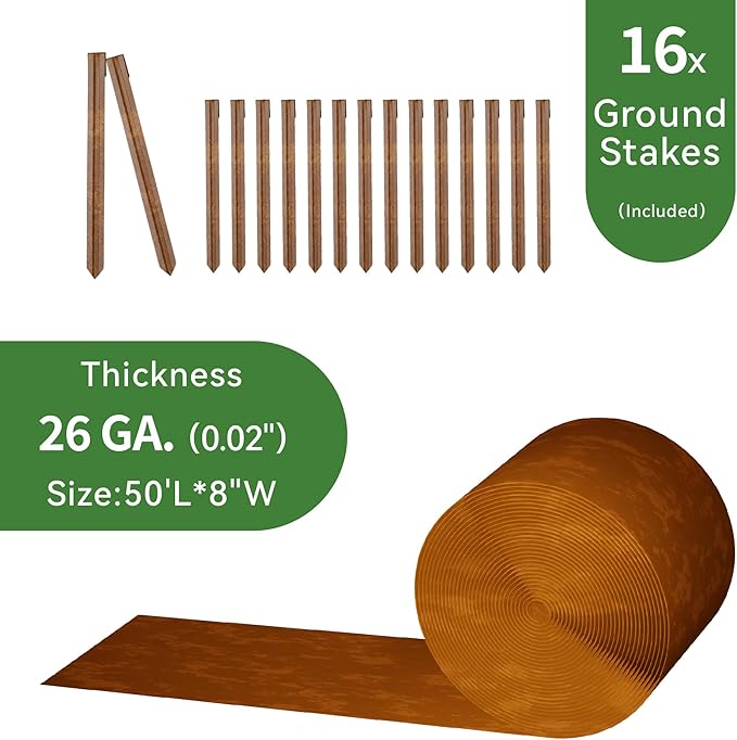 Worth Galvanized Steel Landscape Edging 8" x50' Metal Garden Edging Roll Flexible Bender Border with 16Pcs Stakes for Lawn, Flower Bed Edges, Rust-Colored Painted