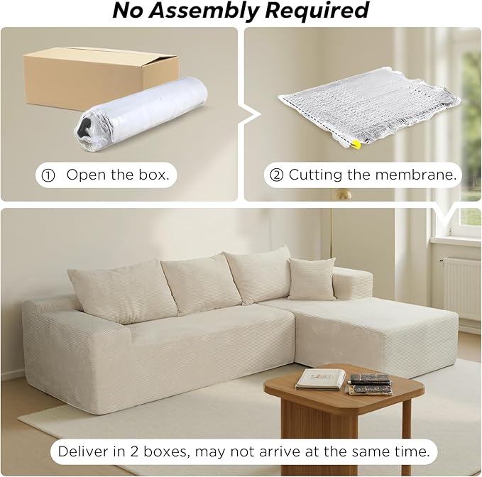 Sectional Cloud Boneless Couch for Living Room Bedroom, Comfy Modern L Shaped Modular Sofa with Right Facing Chaise, Deep Seat Memory Foam Couch in Box, No Assembly (Fine Striped Corduroy, Beige)