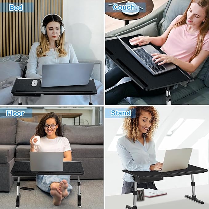 Laptop Bed Desk, X-Large Leather Adjustable Computer Bed Table Tray, Foldable Laptop Lap Desk for Bed Sofa Couch Floor Writing Eating Working with Drawer 2 Movable Stoppers (23.6 inch, Black)