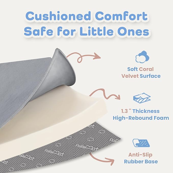 PAPAMAT 1.3" Thick Baby Floor Play Mat 59x71, Basic Padded Foam Mat for Tummy Time Crawling, Non Slip Cushioned for Babies Toddlers Infants Kids (Light Grey)