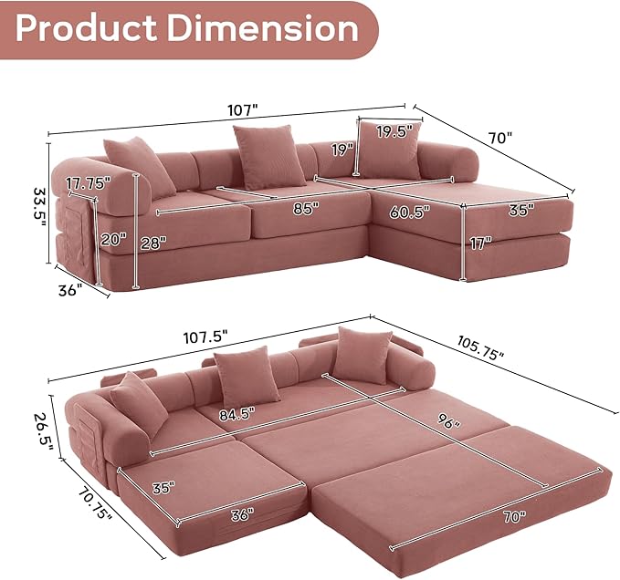 L Shaped Convertible Modular Boneless Sofa Bed with Cylindrical Pillow, Corduroy Folding Floor Sofa Couch Bed with Fixed-Shape Frame & Storage Pocket for Living Room, Pink