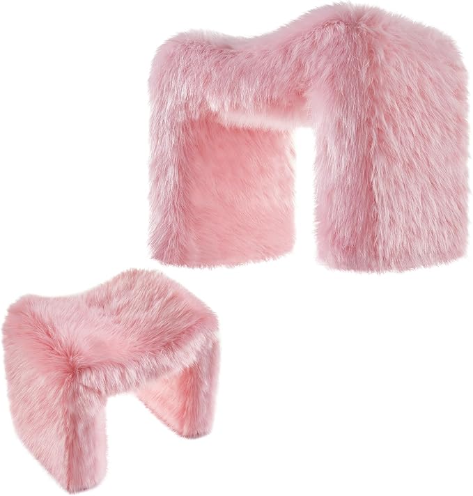 Ottoman Set of 2 Small Footstool Ottoman Vanity Stool Chair Faux Fur Seating Backless Modern Foot Rest Furry for Makeup Room Living Room Bedroom Entryway,Pink(2-in-1)