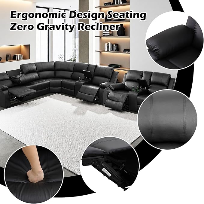 SIENWIEY Manual Leather Recliner Sectional Sofa for Living Room,L Shaped Reclining Sectional Corner Couch with Loveseat,Black Recliner Sofa Set with Storage Console/Drop Down Coffee Table/Cup Holders