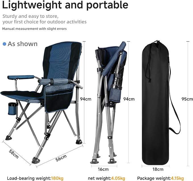 Folding Camping Chair with Cup Holder and Storage Bag, Heavy Duty Support 400 LBS, Oversized Collapsible Portable Camping Chair for Outdoor Camp, Picnic, Travel, Fishing Blue