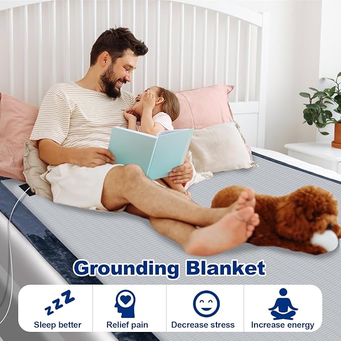 CHIAOCHUTTY Grounding Blanket 79×55 inch Grounding Mat for Bed Grounding Sheet with Conductive Silver Fiber for Better Sleep, Pain Relief, Helps Anxiety Relief (Blue)