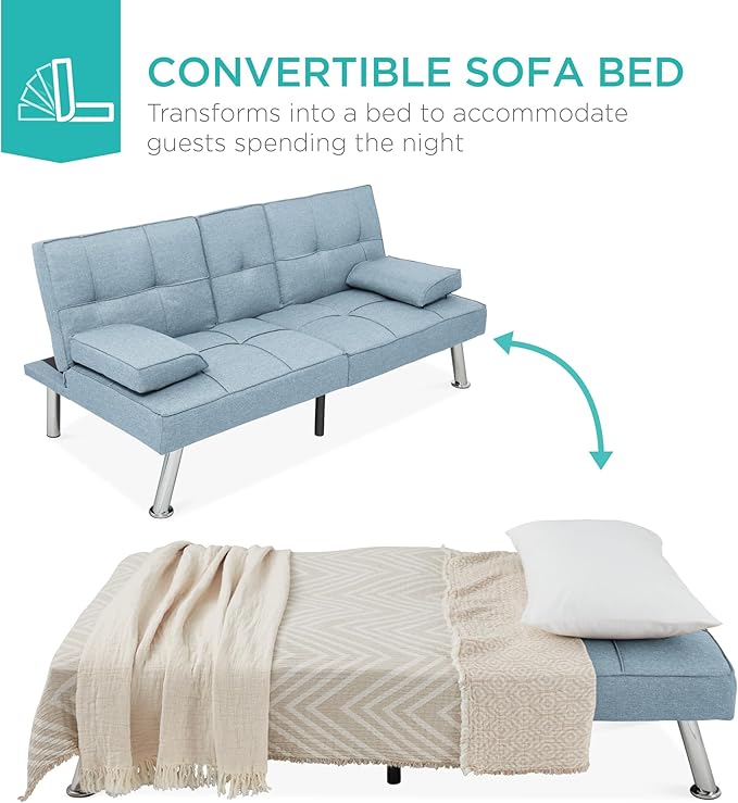 Best Choice Products Linen Modern Folding Futon, Reclining Sofa Bed for Apartment, Dorm w/Removable Armrests, 2 Cupholders - Light Blue