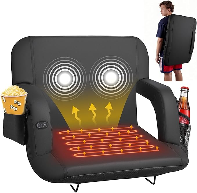 VEVOR Stadium Seat, 25 inch Heated Stadium Chair, Bleacher Seat Heated with 4 Pockets for Bleachers, 3 Level Heating & 6 Modes Vibration Portable Heating Stadiums Chair for Camping, Sports Events