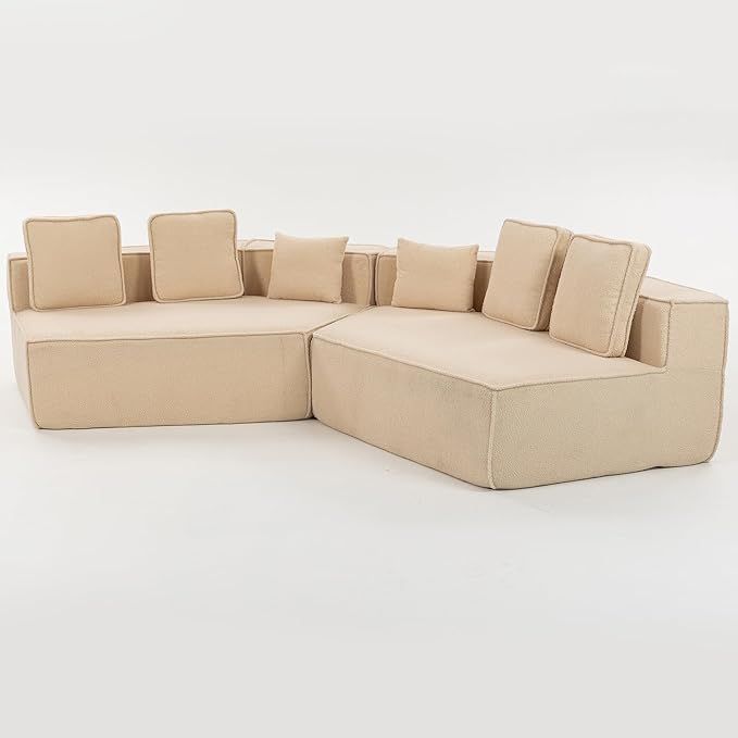 EPOFIT 132'' Oversized Teddy Fleece Modular 2-Seater Sofa, Compressed All-Foam Floor Couch with 6 Cushions, Low-Profile Cozy Sectional Sofa for Living Room & Apartment – Beige