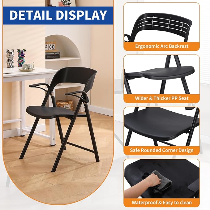 Folding Office Chair, Plastic Folding Chairs with Detachable Armrest, Stackable Dining Chairs, Portable Foldable Chair for Indoor, Outdoor, Wedding, Party, Picnic, Yard, Garden (Black, 2Pack)