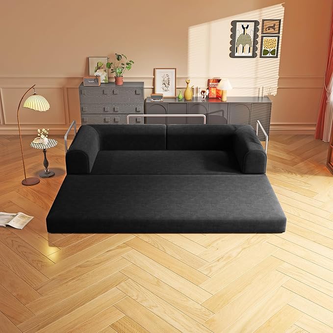 Convertible Sleeper Sofa Bed Boneless Cloud Comfort Black Futon Couch for Lounging & Sleeping, Removable & Washable Corduroy Sofa Cover, Floor Sofa Folding Mattress for Guests, Small Spaces